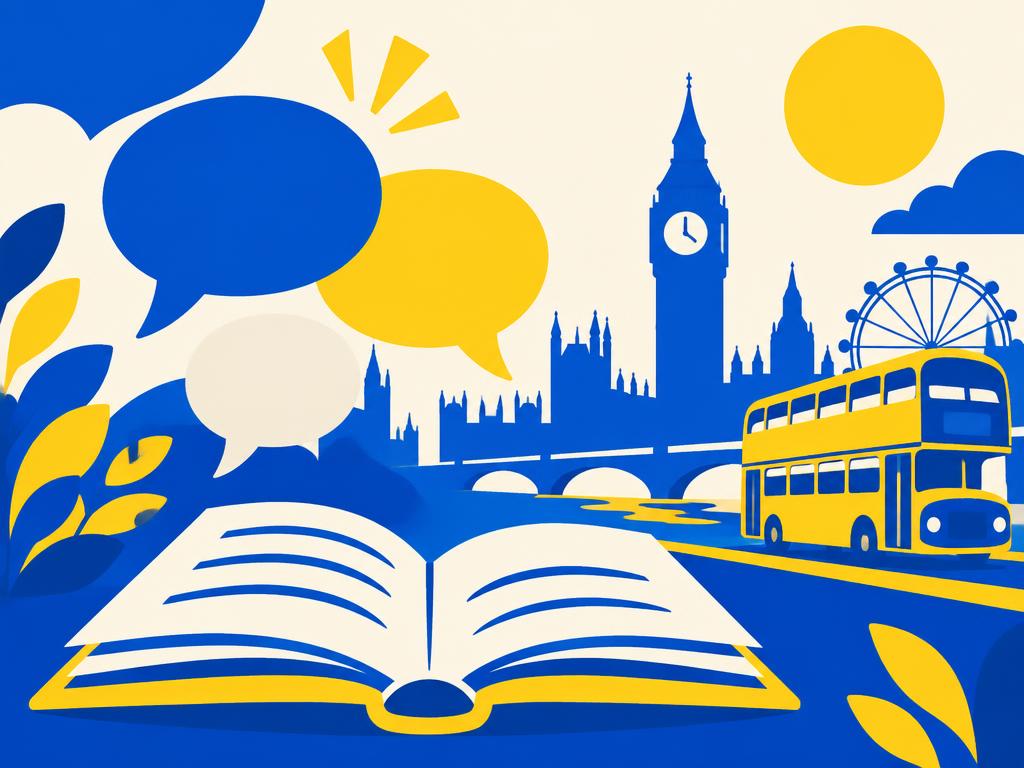 Illustration of speech bubbles, an open book and a city skyline representing English language learning