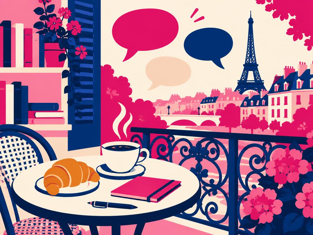 Illustration of a café table with coffee and a notebook beside a balcony and speech bubbles representing French language learning