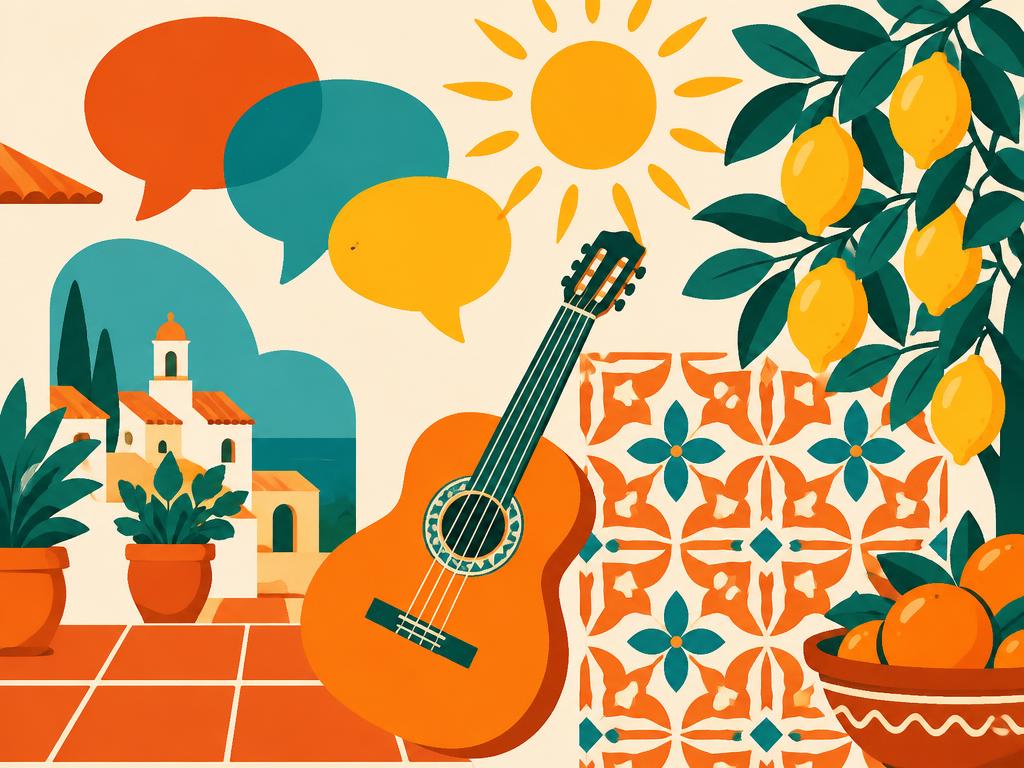 Illustration of speech bubbles, a guitar, patterned tiles and a lemon tree representing Spanish language learning