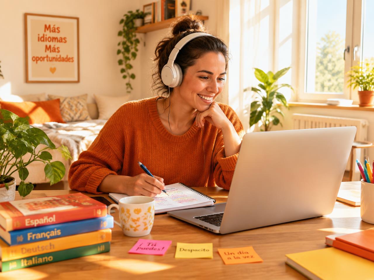 Adult learner smiling during an online language lesson at a laptop with headphones