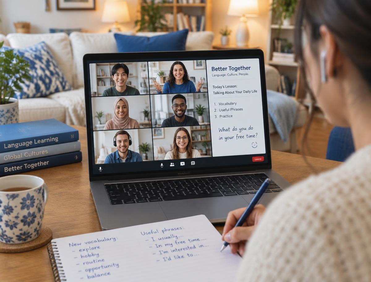 Online group language lesson shown on a laptop while a learner writes notes